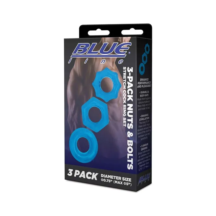 3Pack Nuts Bolts Stretch Cock Ring Set Blue Line Men Male Sex Toys